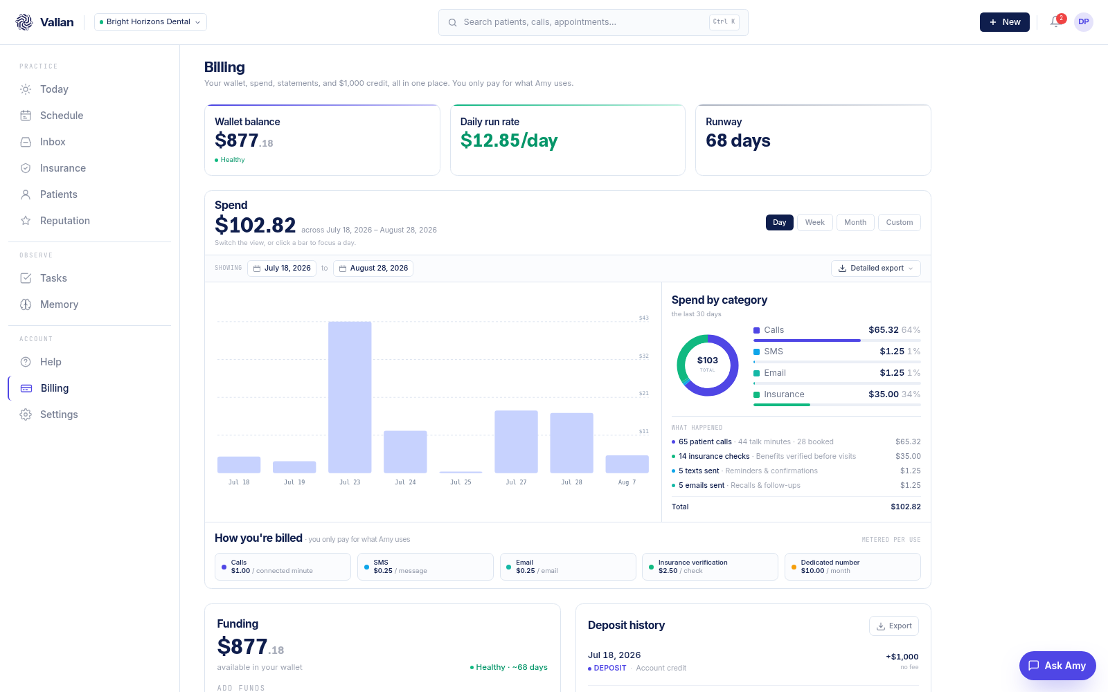 Valian dashboard, Billing view