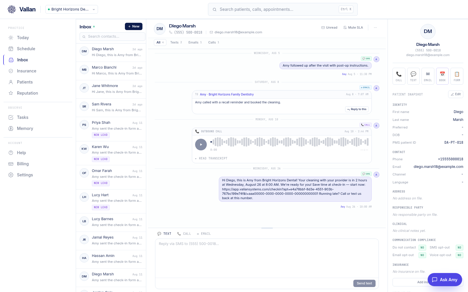 Valian dashboard, Inbox view