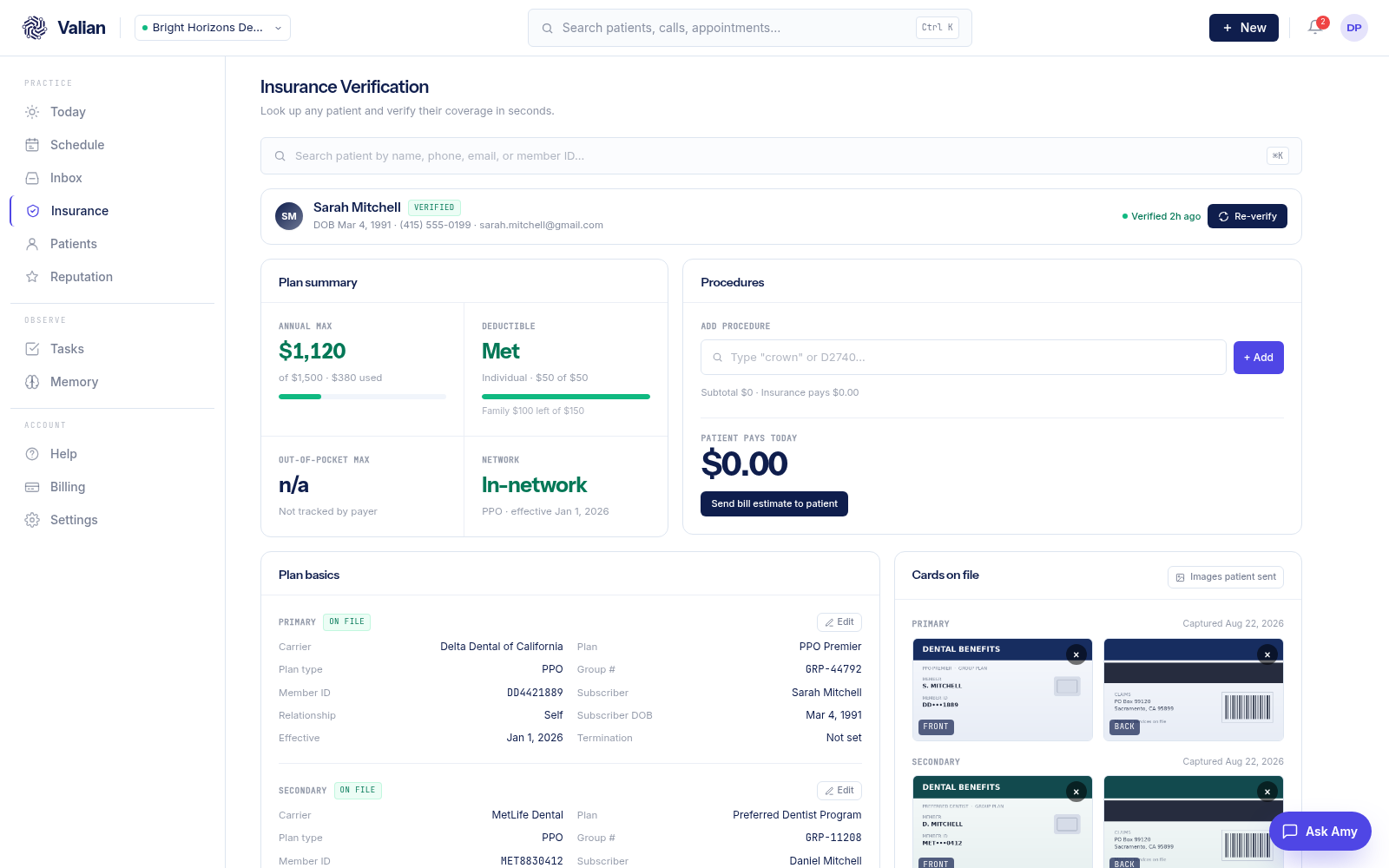 Valian dashboard, Insurance view