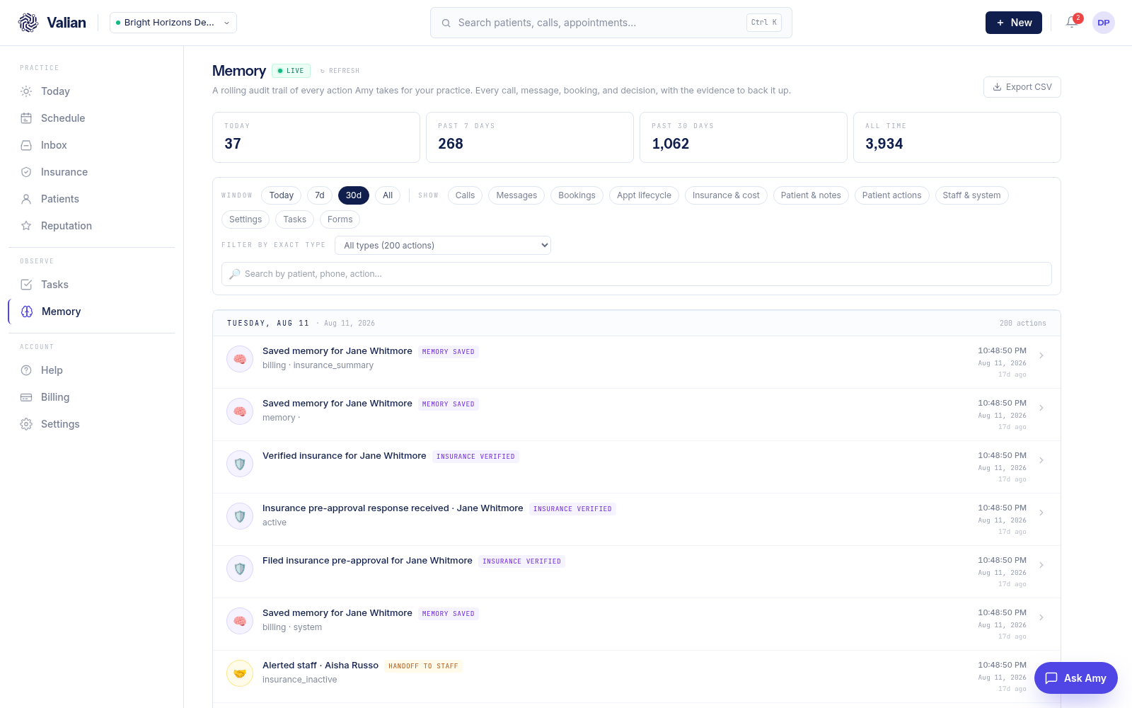 Valian dashboard, Memory view