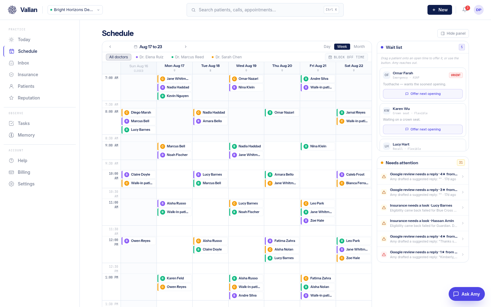 Valian dashboard, Schedule view
