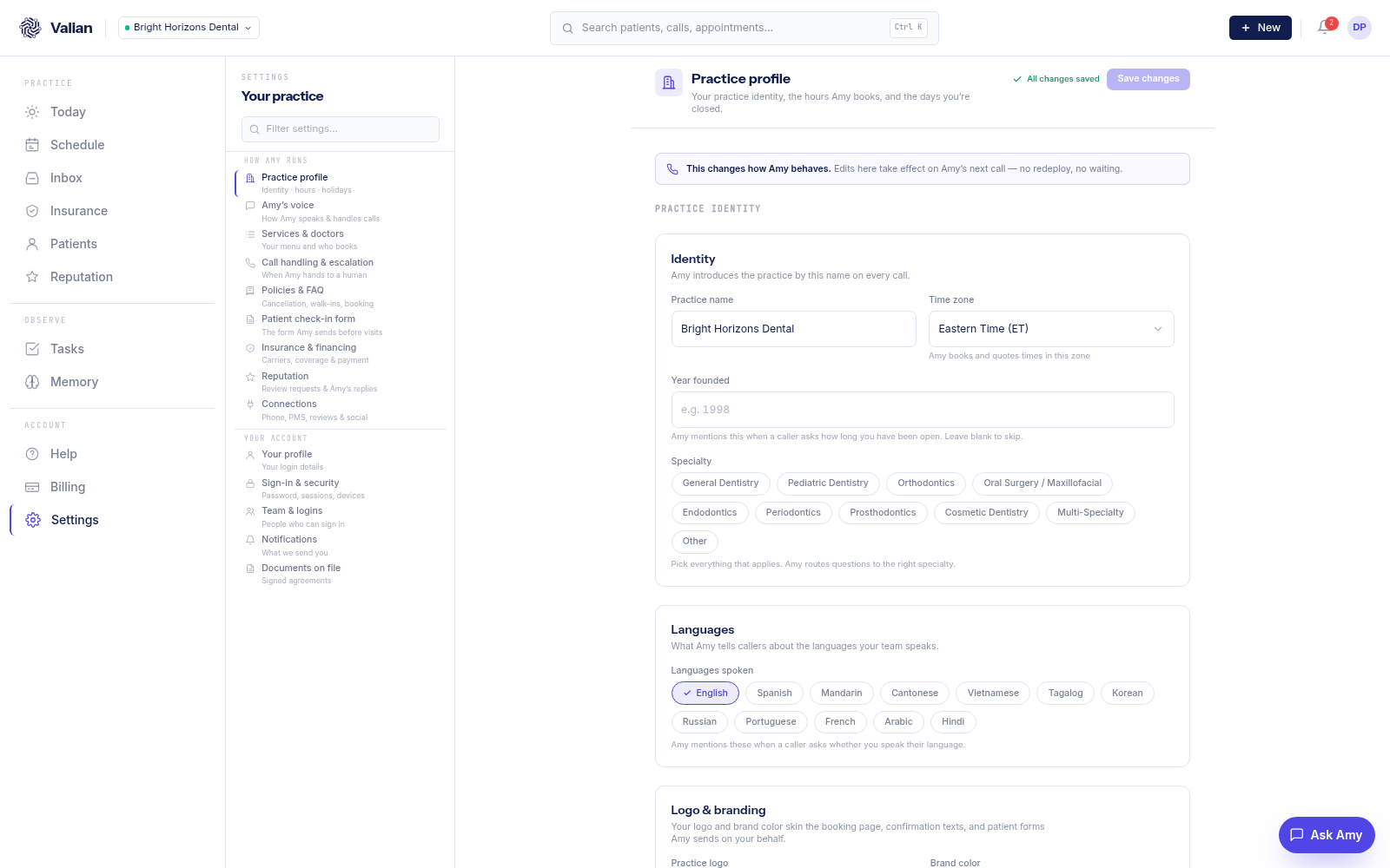 Valian dashboard, Settings view