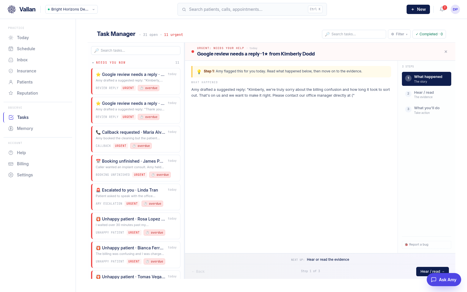 Valian dashboard, Tasks view