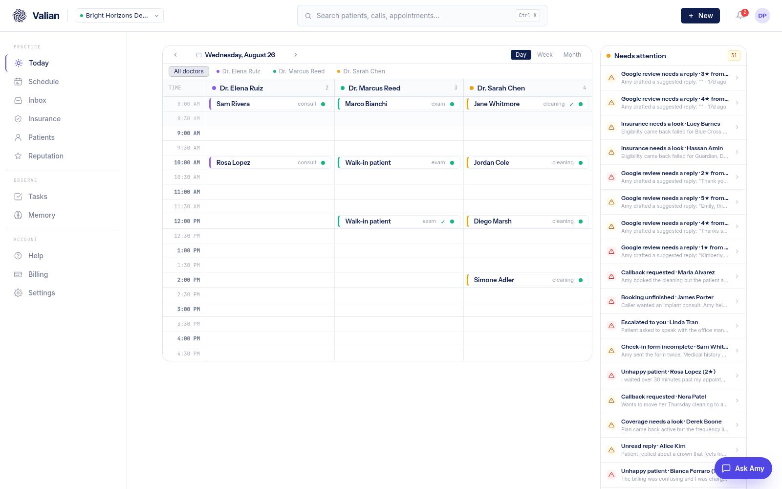 Valian dashboard, Today view